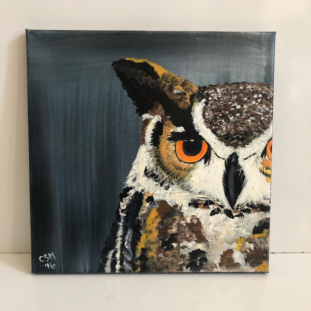 Orange Eyed Owl Abstract Original Acrylic Painting 12 Inches x 12 Inches